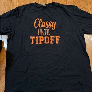 Black T-Shirt with Orange 'Classy Until Tipoff' Print